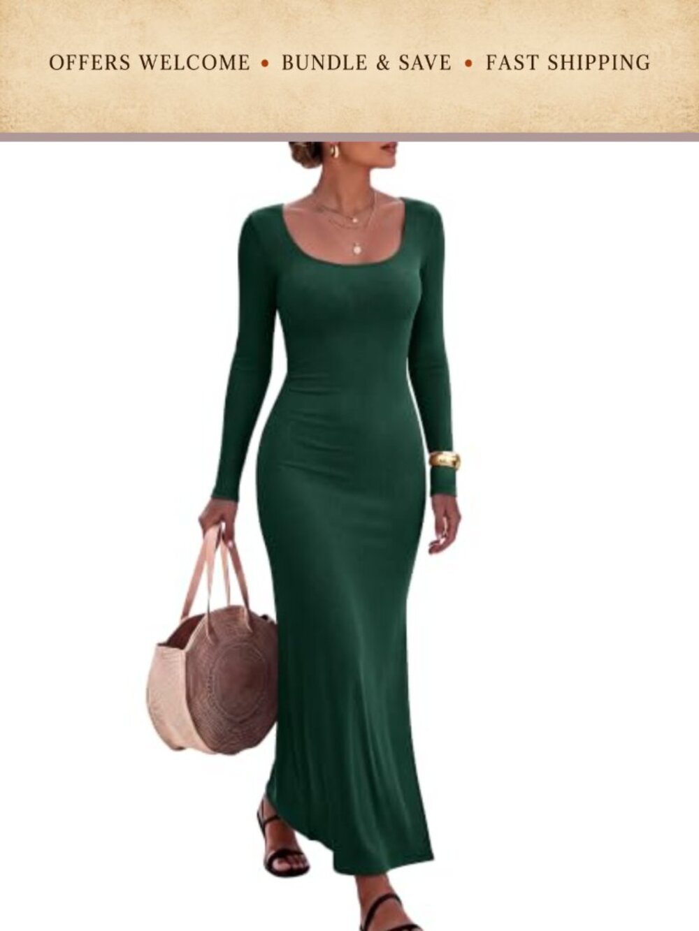 ANRABESS Bodycon Maxi Dress Square Neck Long Sleeve Ribbed Knit Side Slit